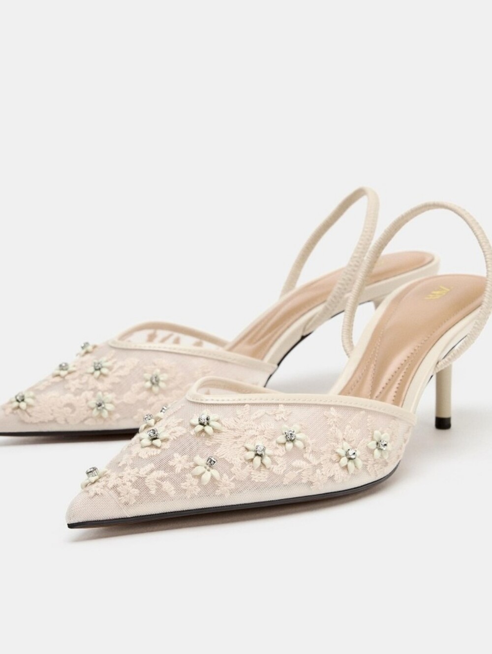 Zara Embroidered Mesh Strappy Slingback Pointed Toe Heels Bridal US 11